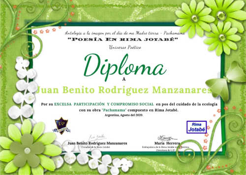 Diploma de participación en la antología a la imagen en el Día de la Madre Tierra - Pachamama - En Rima Jotabé