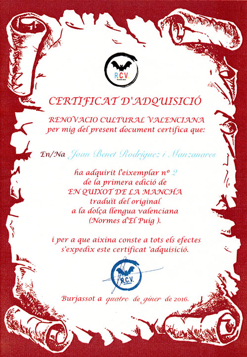 Certificado de compra del número  del Quijote en valenciano