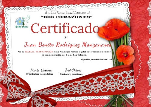Certificado de participación en la antología Dos corazones