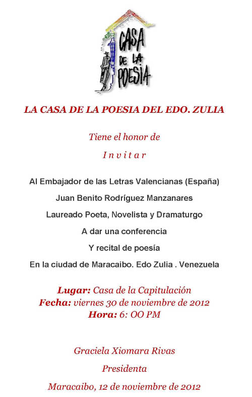 Invitación de la Casa de la Cultura de Maracaibo (Venezuela)