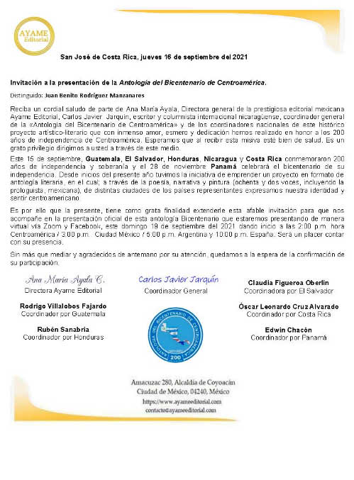 Invitación a la presentación internacional de la Antología del Bicentenario de Centroamérica