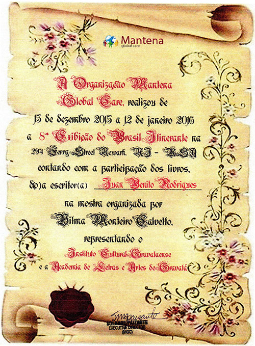 Certificado de participación en la 8ª Libraçao do Brasil Itinerante