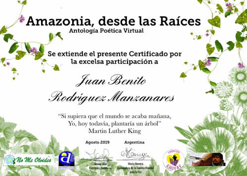 Certificado de participación en la antología Amazonía, desde sus raíces