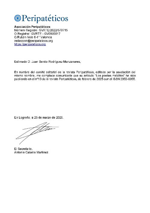 Certificado de publicación de mi artículo en la revista Peripatéticos número 10