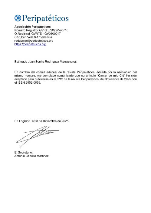 Certificado de publicación de mi artículo en la revista Peripatéticos número 12