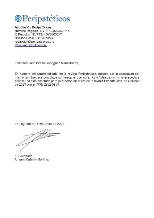 Certificado de publicación de mi artículo en la revista Peripatéticos número 6