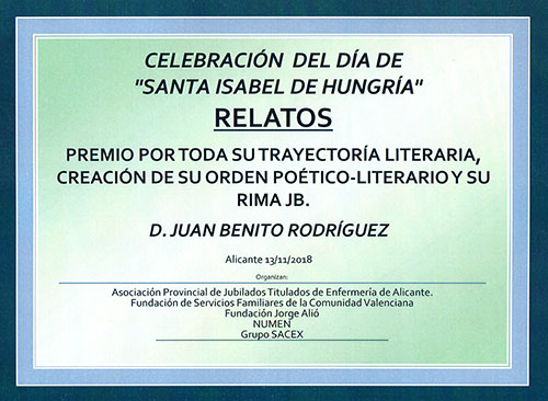Premio por mi trayectoria literaria, creación de la Real Orden poético-Literaria juan Benito y la Rima Jotabé