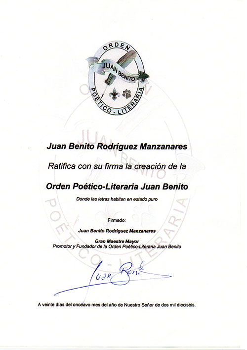 Ratificación de la creacion de la Real Orden Poético-Literaria Juan Benito