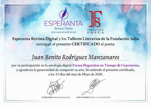 Certificado de participación en la antología Versos hogareños en tiempo de cuarentena