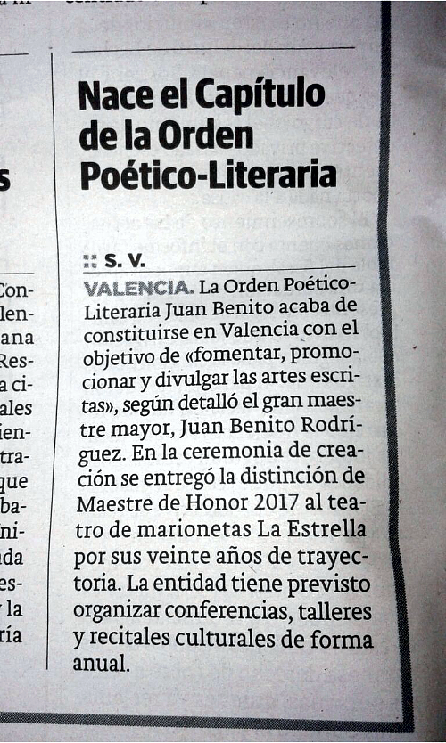 Diario Las Provincias, Orden Poético-Literaria Juan Benito