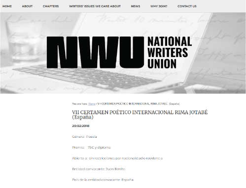 National Writers Union publicita las Bases del VII Certamen Poético Internacional Rima Jotabé