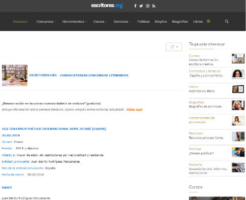 La web Escritores.org publicita las Bases del VIII Certamen Poético Internacional Rima Jotabé