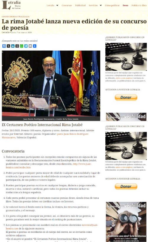 Letralia publicita el IX Certamen Poético Internacional Rima Jotabé
