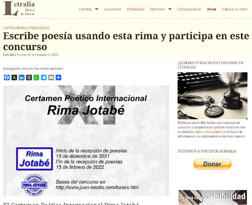 Letralia publicita el XI Certamen Poético Internacional Rima Jotabé