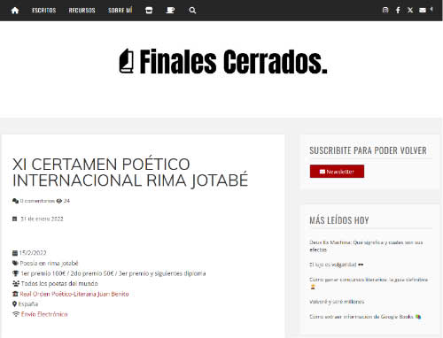 Finales Cerrados publicita el XI Certamen Poético Internaional Rima Jotabé