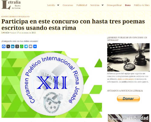 Letralia publicita el XII Certamen Poético Internaional Rima Jotabé