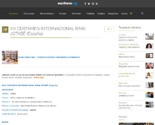 Publicidad del XIII Certamen Poético Internacional Rima Jotabé en Escritores.org