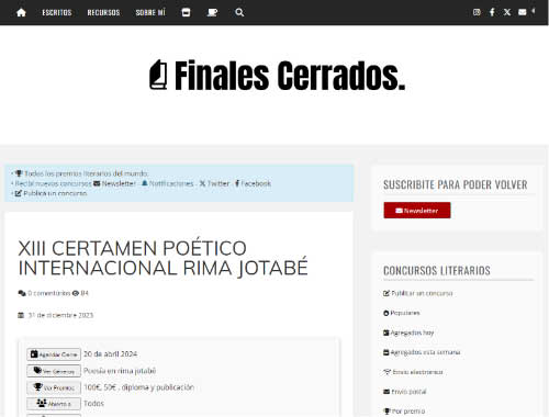 Publicidad del XIII Certamen Poético Internacional Rima Jotabé en Finales cerrados