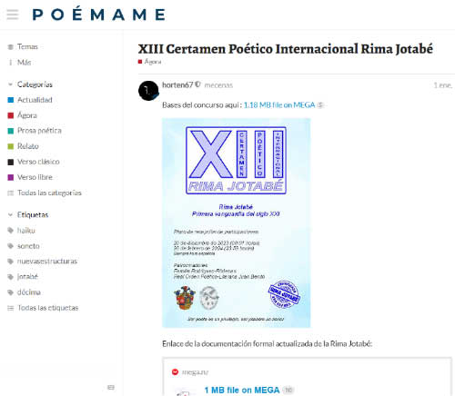 La web Poémame publica las Bases del XIII Certamen Poético Internacional de la Rima Jotabé