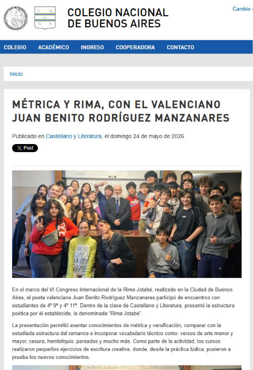 Artículo del Colegio Nacional (UNA) de Buenos Aires, sobre los talleres de Juan Benito en él.